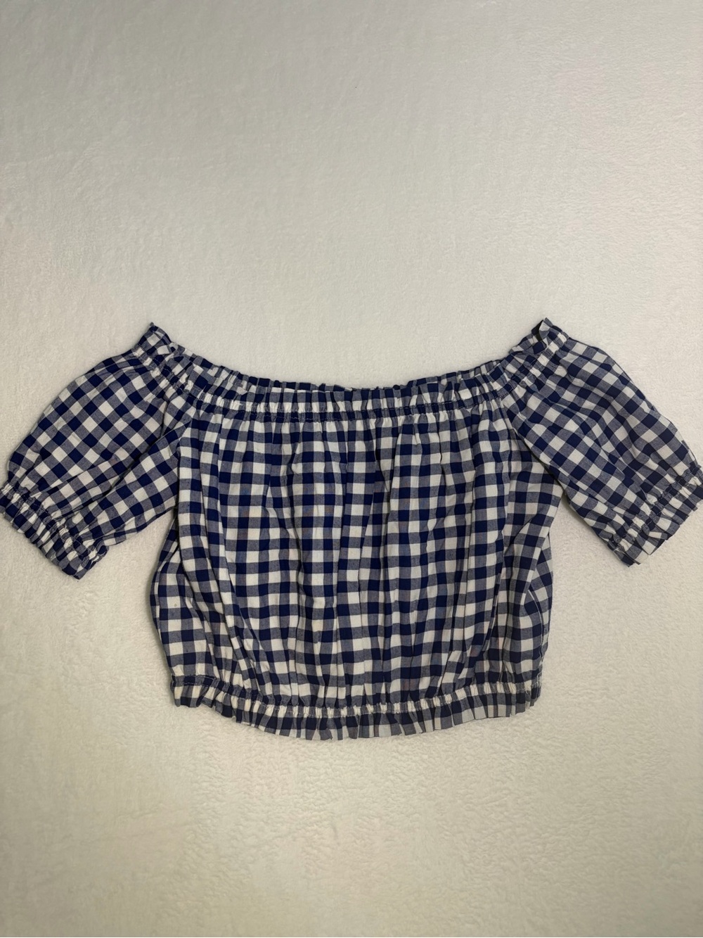 L’Acadamie Off Shoulder Navy Gingham Crop Top